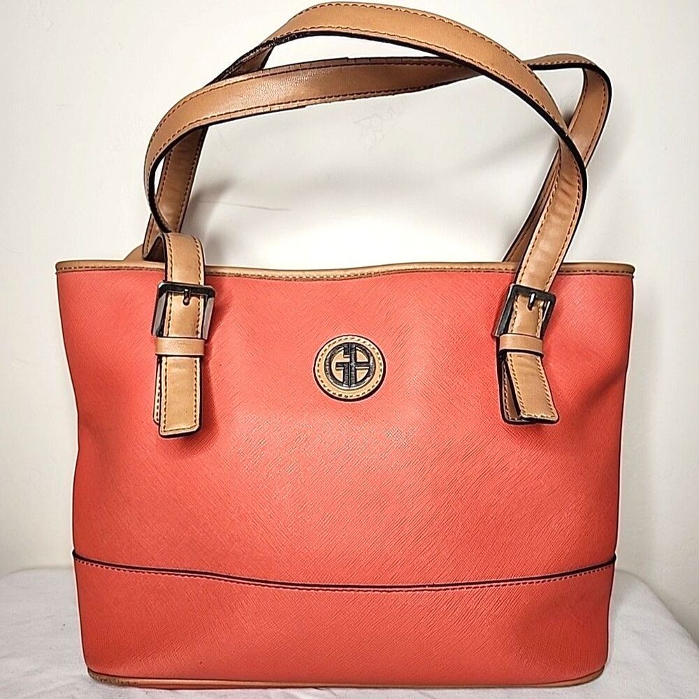 Giani Bernini Saffiano Tote Coral With Tan Trim Purse Shoulder Bag Faux Leather